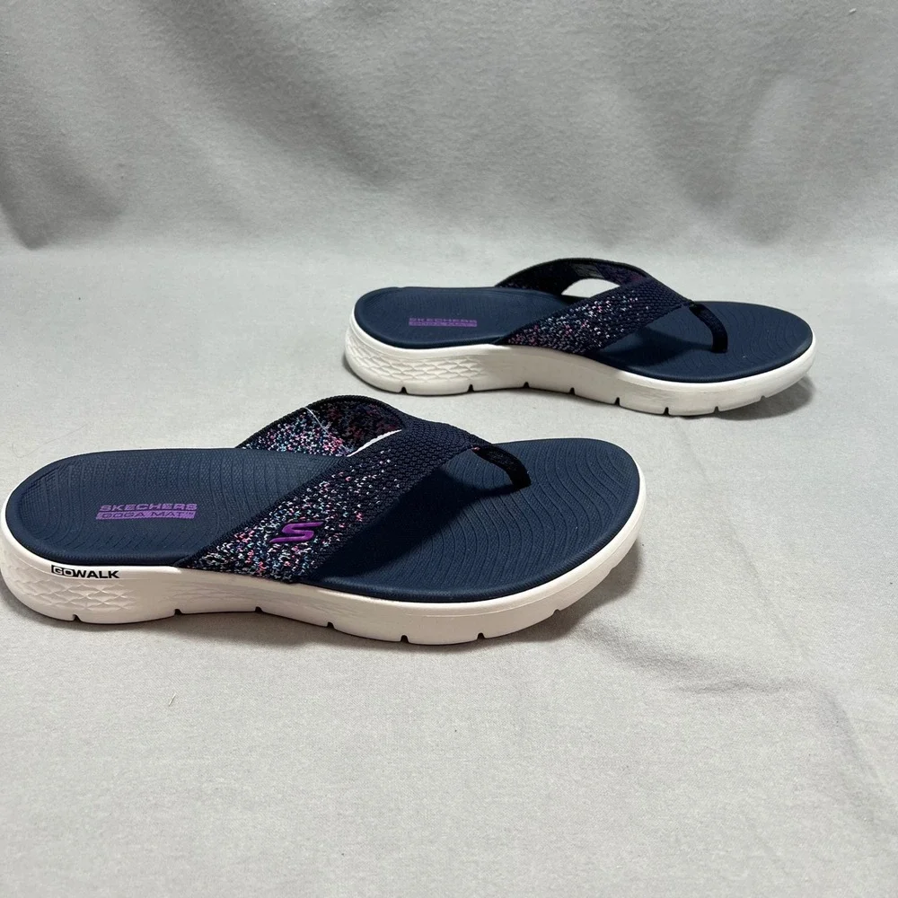 Skechers GoWalk Sandals Navy Multi Knit Thong Flip Flop Comfort Sporty Womens 11